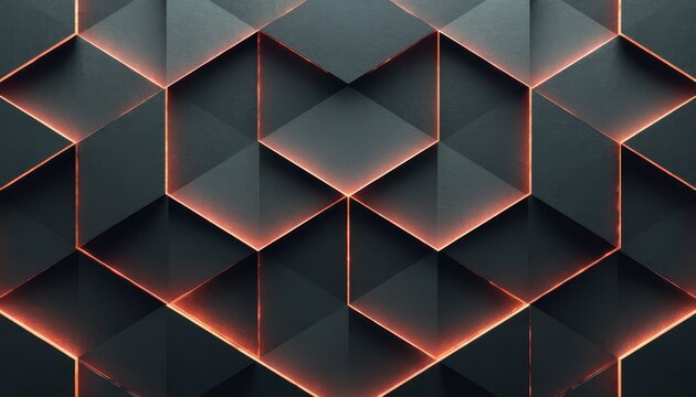 Abstract dark geometric hexagonal wall texture with glowing orange neon light edges