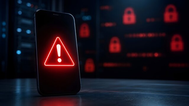 Smartphone displaying a red warning alert in a dark server room representing network cybersecurity breach data center vulnerability and malware attack.