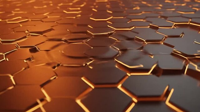 A dark metallic surface featuring a pattern of glowing orange hexagonal tiles