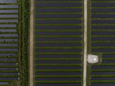 Aerial view of a solar farm with rows of photovoltaic panels, dirt access paths, and green vegetation in Miami, Florida, United States.