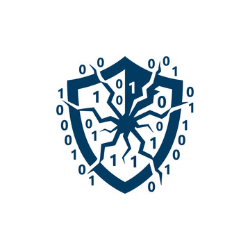 A dark blue shield icon with binary code and cracks inside