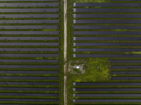 Aerial view of a solar farm with rows of photovoltaic panels separated by a dirt path in Miami, Florida, United States.