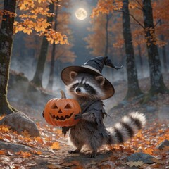 Fototapeta premium Cute raccoon in witch costume holding pumpkin in autumn forest under full moon light