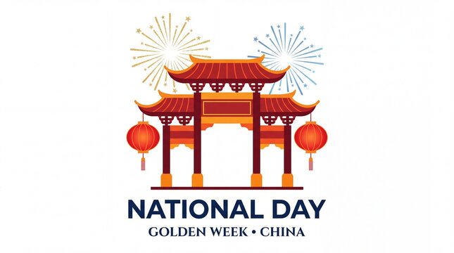 National day golden week china minimalist vector illustration with traditional gate, lanterns and fireworks