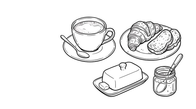 Hand drawn black and white illustration of a delicious continental breakfast with coffee and pastries.