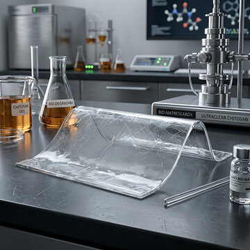 Transparent biodegradable chitosan bioplastic film membrane sample on a laboratory workbench with scientific equipment