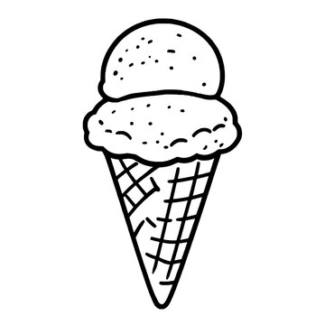 Double scoop ice cream on crispy waffle cone black line art vector illustration isolated on white background