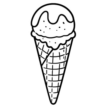 Single ice cream scoop with syrup topping on waffle cone black line art vector illustration isolated on white background
