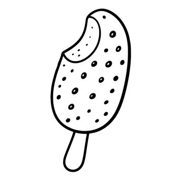 Bitten chocolate ice cream bar on wooden stick black line art vector illustration isolated on white background