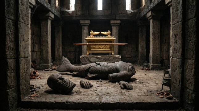 The idol of Dagon miraculously falling face-down on the stone floor, its head and hands broken off before the Ark of the Covenant.