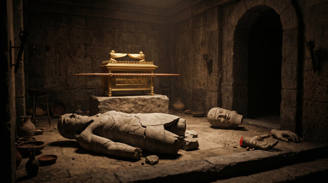 The idol of Dagon miraculously falling face-down on the stone floor, its head and hands broken off before the Ark of the Covenant.