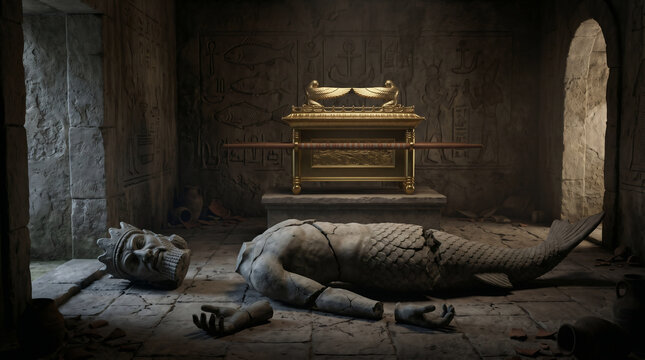 The idol of Dagon miraculously falling face-down on the stone floor, its head and hands broken off before the Ark of the Covenant.