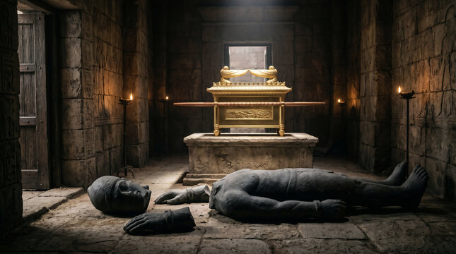 The idol of Dagon miraculously falling face-down on the stone floor, its head and hands broken off before the Ark of the Covenant.
