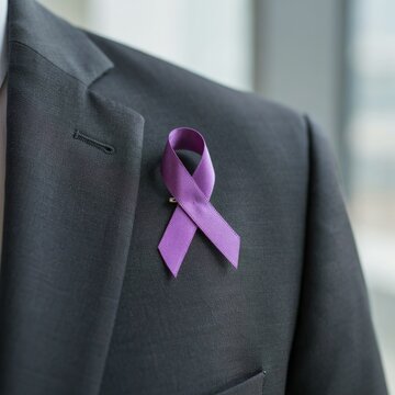 Purple awareness ribbon illustration on suit jacket lapel advocacy solidarity health support social cause design concept