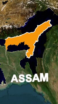 Assam State Map Highlighted on Satellite Background, Assam India State Map Location Illustration, Highlighted Assam Map with Geographic Background