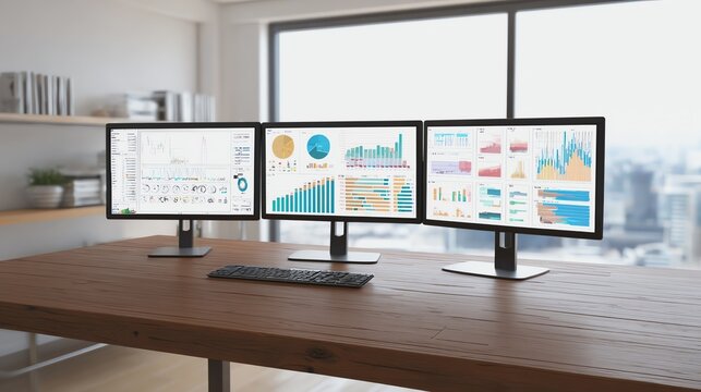 Modern workspace with triple computer screens.