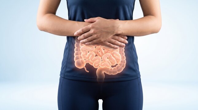 Woman holding stomach with glowing digestive system overlay, suffering from abdominal pain, bloating, or gut health issues, medical for IBS, indigestion, and gastrointestinal