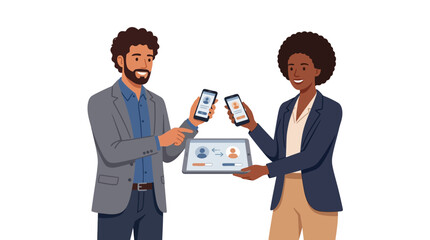 Fototapeta premium Two diverse business partners exchanging digital contact information using smartphones and tablet flat vector element.