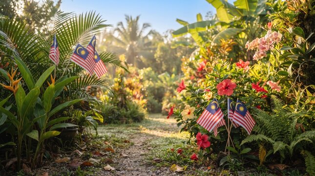 Malaysian flag displayed along a lush garden path with tropical plants and flowers independence day celebration concept