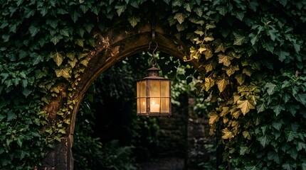 Fototapeta premium Static medium shot of a glowing lantern in an ivy archway, halloween photo.