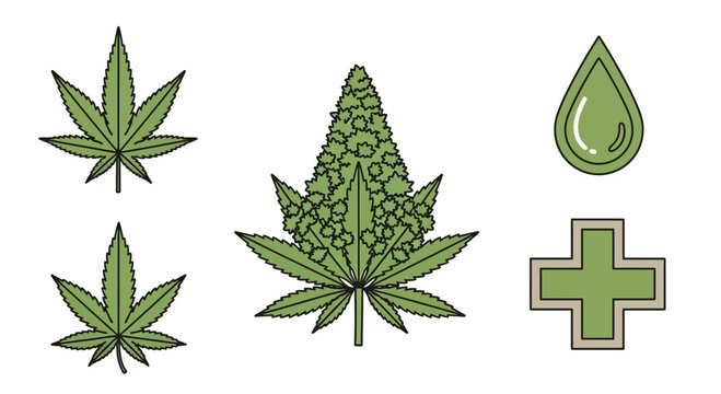 Set of vector icons representing medical cannabis leaves, flower bud, oil drop, and pharmacy cross symbol.
