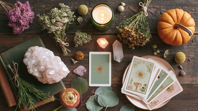 Top-down flat lay view of an aesthetic witchy workspace with gold foil tarot cards, quartz crystal cluster, dried herbs, candle, and pumpkin on wooden table.