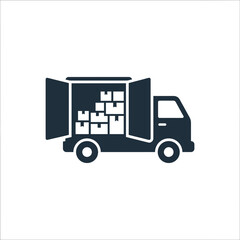 Naklejka premium A dark silhouette icon of a delivery truck carrying many boxes