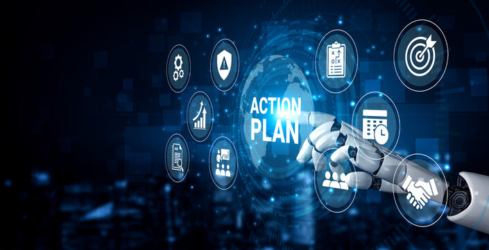 A robotic arm interacts with a digital screen displaying various business planning icons, symbolizing innovation and technological advancement in strategy development and execution. Ledger