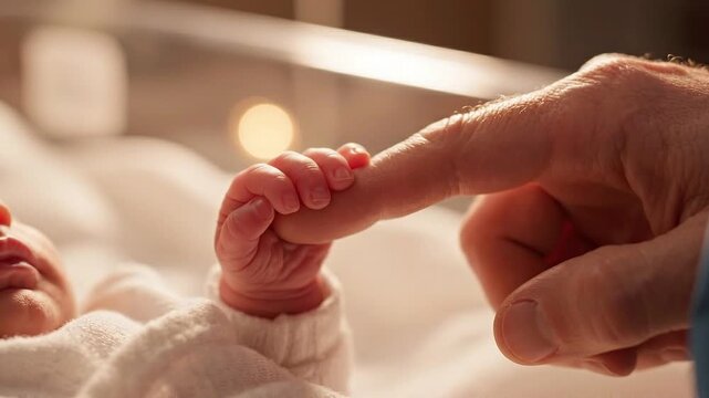 Baby hand holding an adult finger closely inside a hospital crib during a peaceful moment of connection.