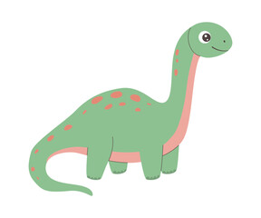 Cute green long neck sauropod baby dino character flat svg illustration isolated on white. Ideal for height charts, nursery wall decor, baby clothes, and stickers. © Elena