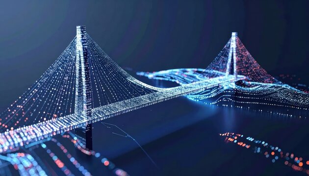 Digital suspension bridge rendered with blue and red light particles.