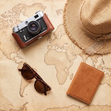 Retro camera with leather case, straw hat, sunglasses and passport on vintage world map background, global travel adventure, summer holiday journey and world exploration concept