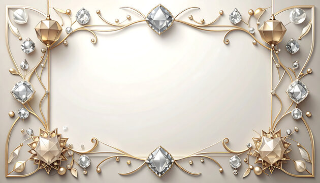 3D render of luxury golden filigree frame border decorated with sparkling diamonds and jewelry gemstones for invitation card design