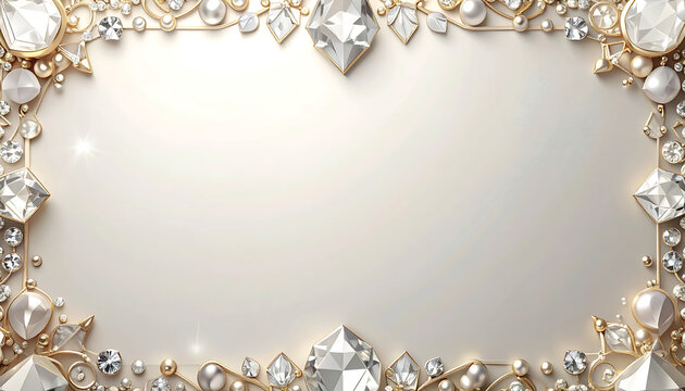 Luxury jewelry frame border with diamonds pearls and golden filigree for invitation card and wedding banner