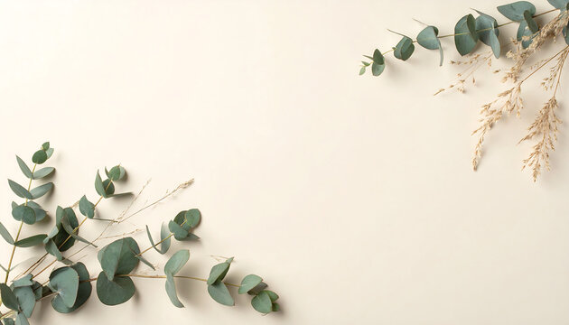 Flat lay arrangement of eucalyptus branches and dried grass on neutral surface with central copy space
