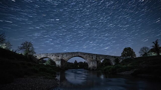 Stone bridge night time lapse with starry sky and moving stars