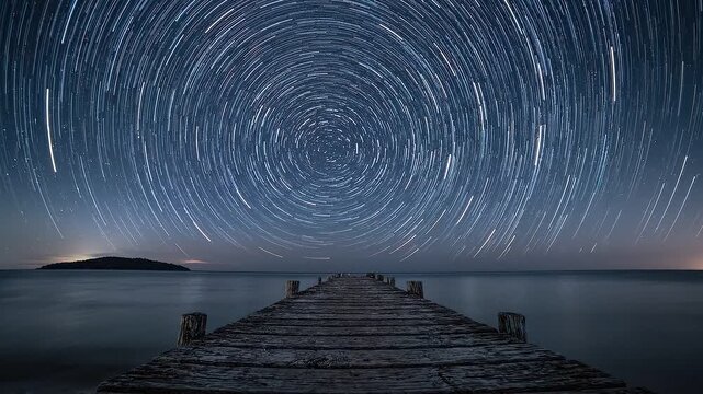 Star trails rotating over wooden jetty and sea at night