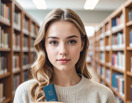 Close-up portrait of a young college student holding a book in a library background