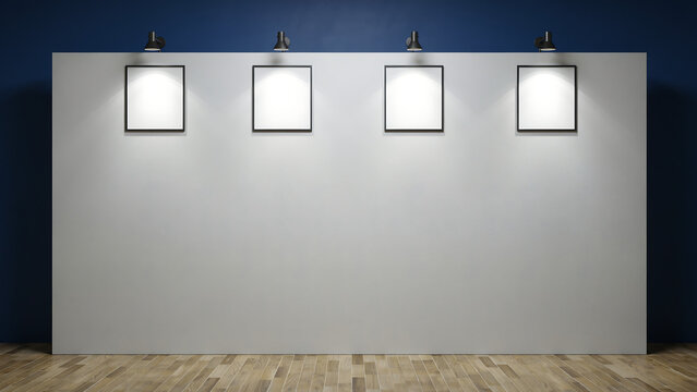 Clean white exhibition wall with four framed blank art panels and accent