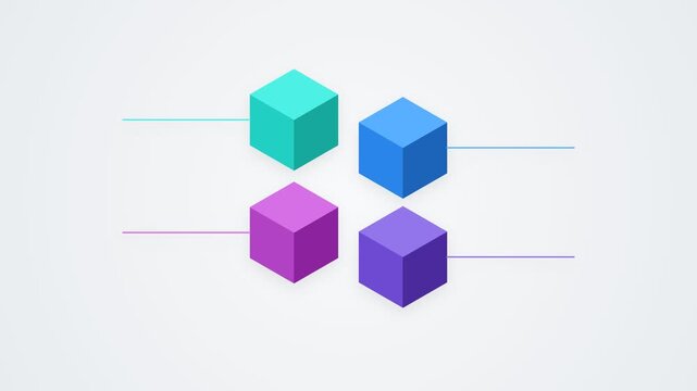 Four colorful isometric cubes connected with thin lines on a light gradient background