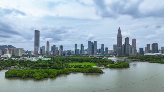 Aerial view of the Shenzhen Bay skyline at dawn