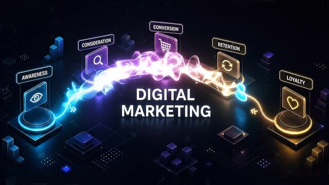 Digital marketing customer journey animation with glowing funnel
