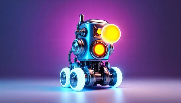 Mini service robot with glowing yellow head