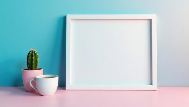 White frame mockup, coffee/tea, cactus, pink table, blue background Clean, minimalist, workspace scene , wall, photography