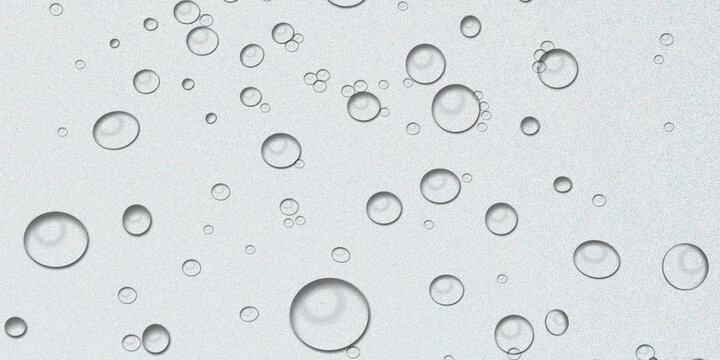 Clear water droplets on light grey surface, macro liquid drops texture, fresh condensation background for skincare and hygiene