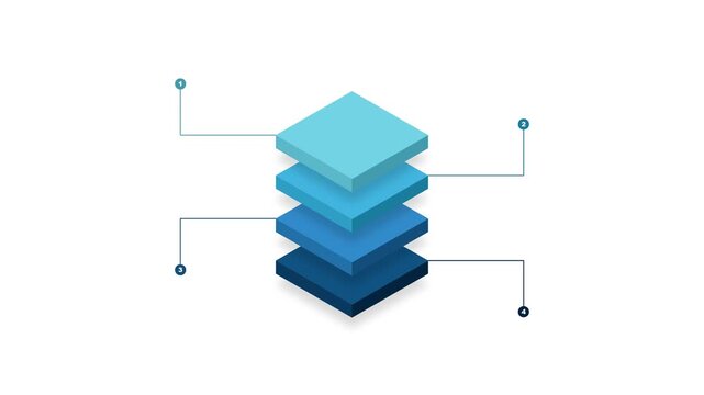 Isometric data stack infographic with four layered blocks and pointer lines for technology presentation