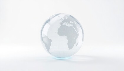 Fototapeta premium A transparent glass crystal globe planet earth map sphere resting on a clean minimalist white surface representing global ecology and environment with transparent geography environment internationa