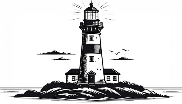 Engraved style lighthouse illustration with sun and birds.