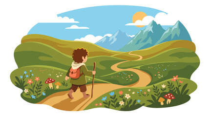 Fototapeta premium Fantasy Hobbit Traveler Hiking on Winding Path in Green Hills Landscape Vector Illustration with Mountains