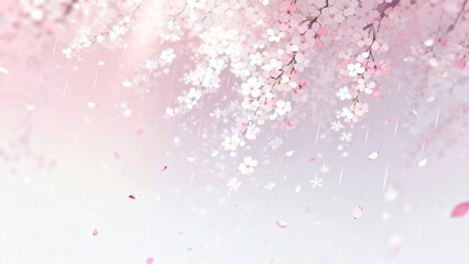 Fototapeta premium Horizontal spring cherry‑blossom rain aesthetic illustration backdrop, falling pink petals, soft pastel tone, romantic spring invitation poster banner template graphic